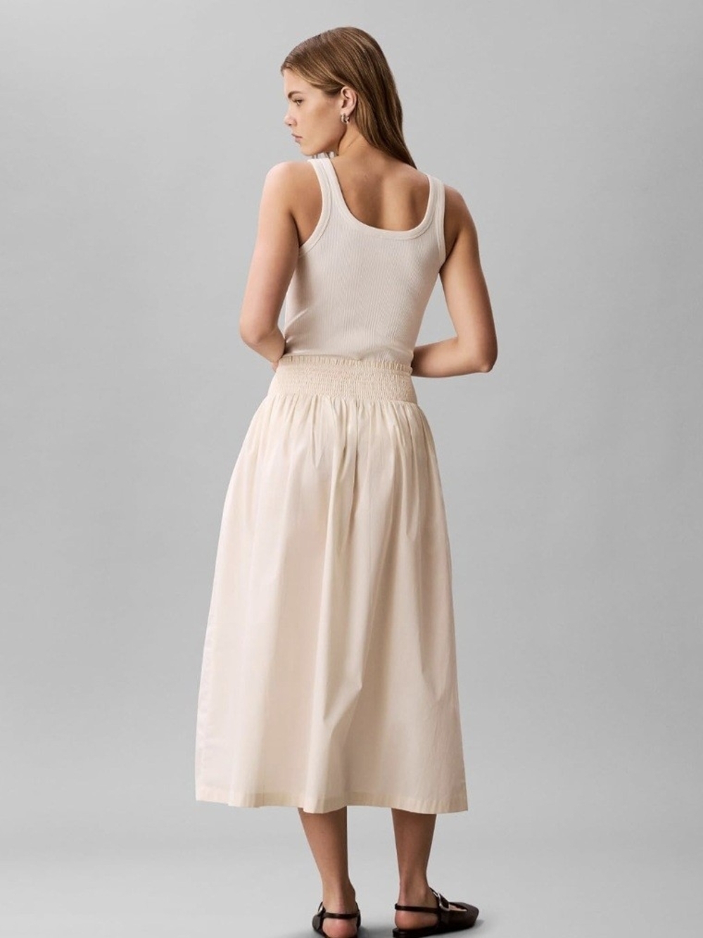 Calvin Klein White (Cream In Picture) Smocked Waist Midi Skirt